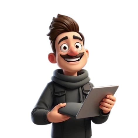 an animated character smiling and holding laptop and showing to us in best digital marketer expert in kerala