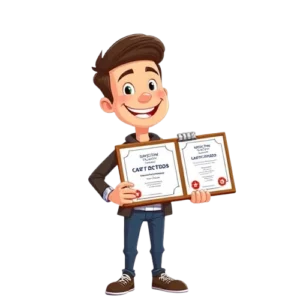 an animation character holding certificates in best digital marketing expert in kerala